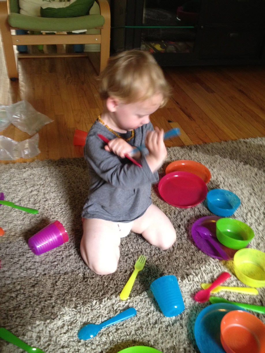 I bought a 36-piece dining set from Ikea for Ian so he could have his own knives. He like to hold at least four at a time.